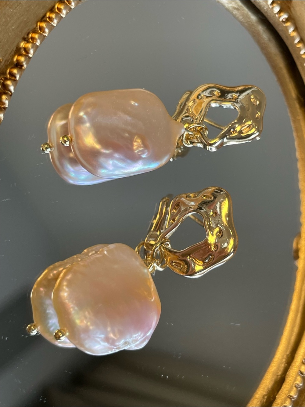 Gold Drop Earrings with Iridescent Pink Baroque Pearls